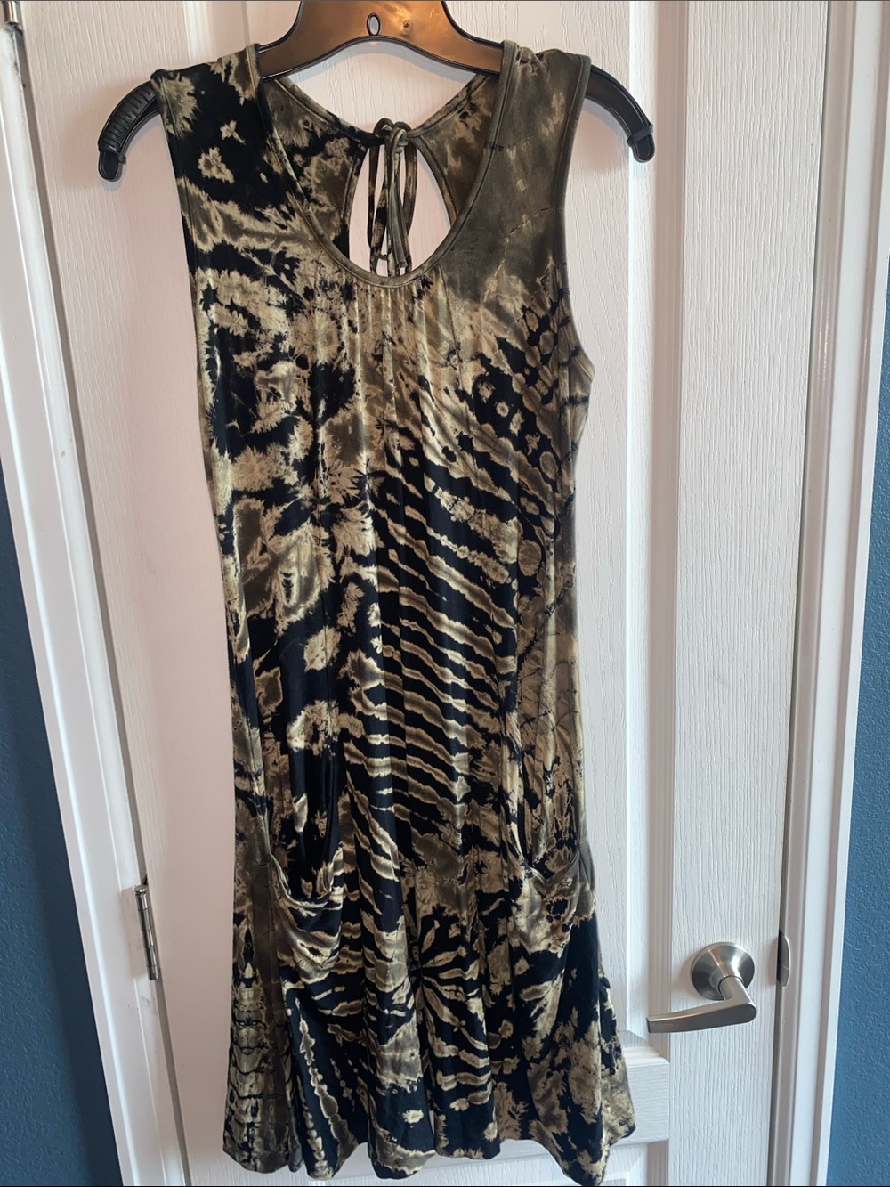 Sleeveless Tie-Back Dress in Olive and Black Abstract Print